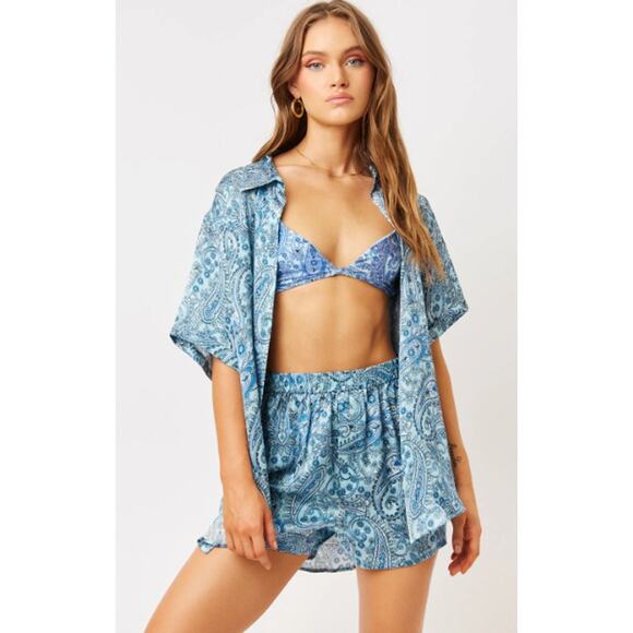 Frankie's Bikinis Tops - Frankie’s Bikinis Fifi Silk Button Up Shirt‎ Blue Paisley Size XS